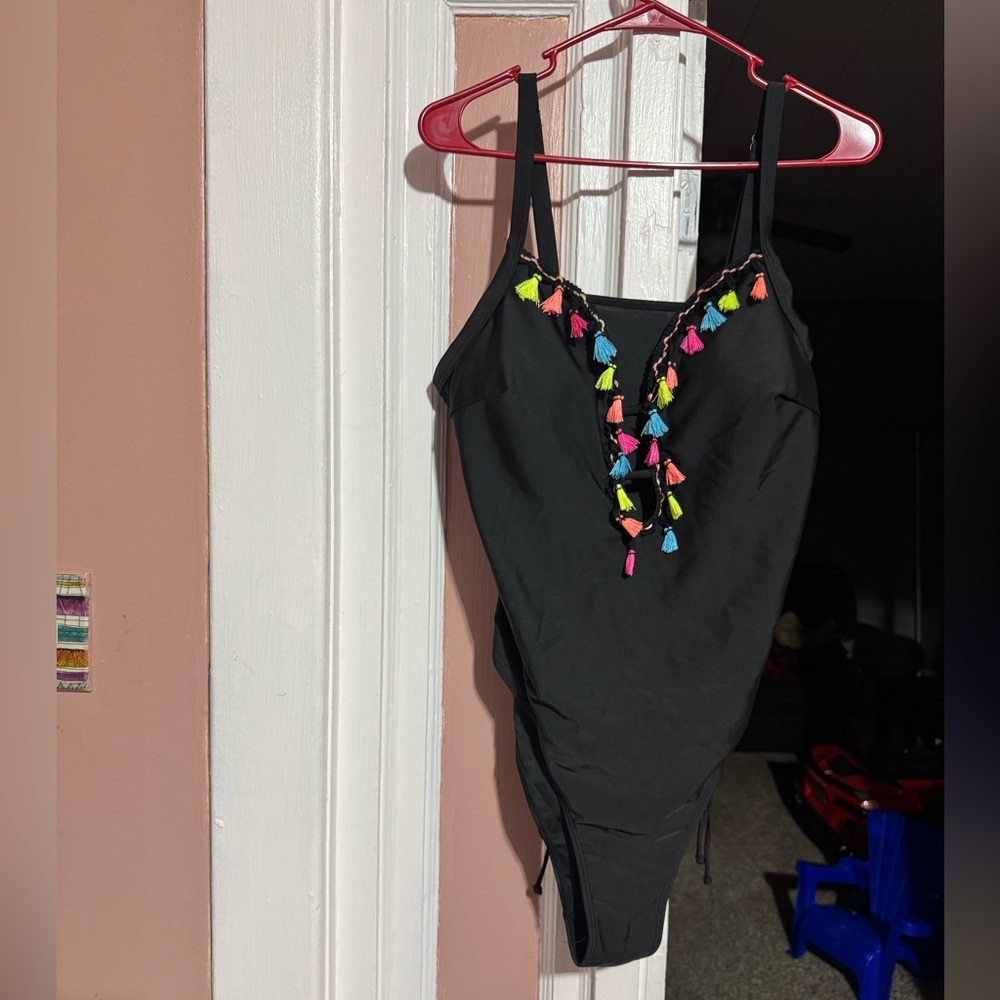 Black One Piece Swimsuit with Colorful Tassels
